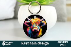 Rainbow highland cow keychain sublimation design, rainbow cow keyring PNG, animal farm keychain.