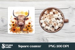 Highland cow sunflower square coaster | Cow coaster PNG