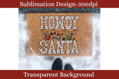 Howdy Santa Western Christmas PNG featuring patterned red, green and brown stars, cow print ornaments, checkerboard lightning bolts and rustic hanging decorations.