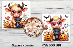 Cute Halloween cow pumpkin square coaster sublimation design Product Image 1