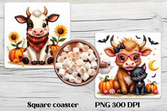 Cute Halloween cow pumpkin square coaster sublimation design Product Image 1