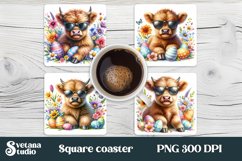 Highland cow flower Easter eggs square coaster sublimation Product Image 1