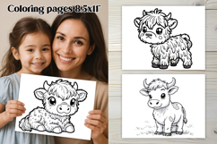 Cute highland cow coloring page PNG, coloring book for kids Product Image 1