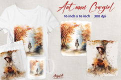 Cowgirl clipart Autumn forest watercolor T-shirt designs DTF Product Image 1