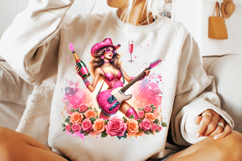 cowgirl playing guitar png, western music cowgirl sublimation, girly cowgirl guitar design, cowgirl guitar with roses png, rustic country music clipart, rodeo cowgirl guitar sublimation, trendy cowgirl music png file, floral cowgirl guitar clipart, cowgir