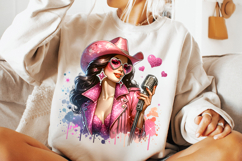 cowgirl singer png, pink hat cowgirl clipart, western music sublimation design, cowgirl microphone png file, girly country singer clipart, rodeo cowgirl sublimation png, cowgirl singer printable art, trendy western cowgirl png, cowgirl music t shirt desig