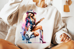 cowgirl electric guitar png, western rock cowgirl clipart, girly cowgirl sublimation design, electric guitar cowgirl png file, rustic cowgirl music clipart, trendy western guitar sublimation, country rock cowgirl png art, cowgirl singer electric guitar de