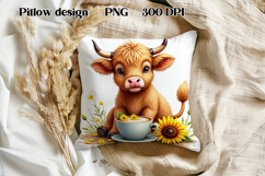 Cute highland cow sunflower pillow |Farm animal pillow PNG Product Image 1