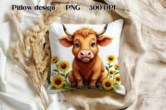 Cute highland cow sunflower pillow |Farm animal pillow PNG Product Image 1