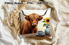 Cute highland cow sunflower pillow |Farm animal pillow PNG Product Image 1
