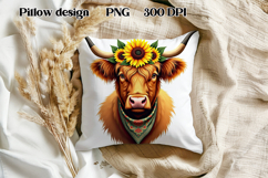 Cute highland cow sunflower pillow | Farm animal pillow PNG Product Image 1