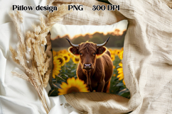 Cute highland cow sunflower pillow | Farm animal pillow PNG Product Image 1