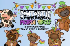 Cowtastic Mardi Gras|10 PNG Mardi Gras Cows & Elements Product Image 1