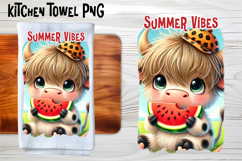 Cute highland cow with watermelon kitchen towel PNG design Product Image 1