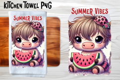 Cute highland cow with watermelon kitchen towel PNG design Product Image 1