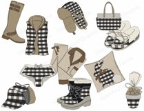 Autumn hats, bag, slippers, boots, vest and panties with print of black and white buffalo plaid pattern, pillow with rabbit silhouette, high boots with clasps, beige pajamas with brown collar