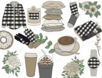 Autumn shirt, socks, scarf, gloves and watch with print pattern of black and white buffalo plaid, stack of gray and beige pillows, candle, flowers, pastel colored roses, glass of coffee, donut with sprinkles, cotton branch, milkshake with whipped cream