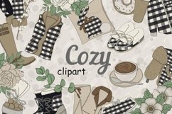 Cozy autumn clothing accessories with a print of a black and white buffalo plaid, a lumberjack vest, a pillow with a rabbit silhouette, a cup of coffee on a saucer with a spoon, high leather boots, a hat with earflaps, a cotton branch, pajamas