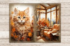 Cozy Autumn Junk Journal. Red cat in autumn foliage. Cozy autumn room with orange armchair. Next to the chair on the table is a vase of orange flowers. Stacks of books lie on the floor