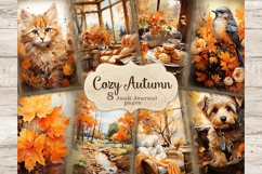 Cozy Autumn Junk Journal. Red cat in autumn foliage. Cozy autumn room with a sofa. Tea with cookies and flowers in a vase. Bird in autumn colors. Autumn maple leaves. Autumn river in the forest. Cute dog on an armchair Cozy autumn armchair