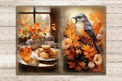Cozy Autumn Junk Journal. A transparent glass with iced tea, cookies on a plate, autumn orange branches with leaves in a vase. Bird in autumn colors and leaves