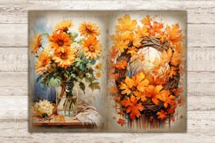 Cozy Autumn Junk Journal. Autumn flowers stand in a glass water bottle. Autumn wreath of maple leaves woven into branches