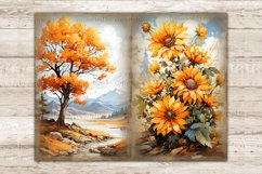 Cozy Autumn Junk Journal. A bright autumn tree with orange foliage on the banks of the river against the backdrop of mountains. Bright autumn flowers with green foliage on a bright sunny day