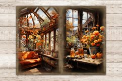 Cozy Autumn Junk Journal. Cozy autumn room with flowers, orange sofa, bookshelves and panoramic glass roof. Autumn flowers in a bucket, pumpkins on the table against the backdrop of a rustic window