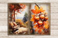 Cozy Autumn Junk Journal. A swing on the veranda of a country house against the backdrop of an autumn forest. A bunch of acorns with a branch of autumn maple orange leaves