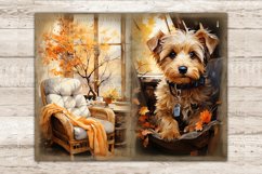 Cozy Autumn Junk Journal. A cozy wicker rattan chair with a white cushion against an autumn tree with orange foliage. Table with tea cups. A cute dog with a collar sits on an armchair among autumn foliage