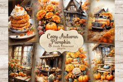 Cozy Autumn Pumpkin Junk Journal. A stack of pumpkin pies with cream on top. Autumn flowers and pumpkins. Farmhouse with pumpkins. Retro pickup truck with flowers. Autumn flowers and pumpkins by the window. Wooden chair with pumpkins