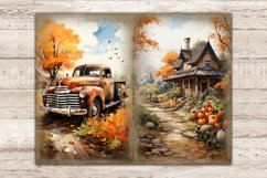 Cozy Autumn Pumpkin Junk Journal. Retro pickup truck on a village road against the background of an autumn tree and a flock of birds flying across the sky. Country house with pumpkins in front of it