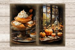 Cozy Autumn Pumpkin Junk Journal. Pumpkin pies with whipped cream on a tray with a leg. Thanksgiving pies. Pumpkins with foliage on the table near the autumn window of the farmhouse