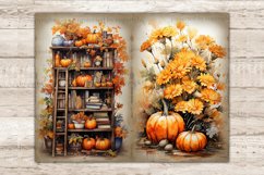 Cozy Autumn Pumpkin Junk Journal. A bookcase with books, autumn leaves, pumpkins and a ladder attached to the bookcase. Orange autumn flowers and pumpkins