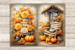 Cozy Autumn Pumpkin Junk Journal. Autumn flowers and pumpkin. Wooden chair at the entrance to a house with orange and blue pumpkins