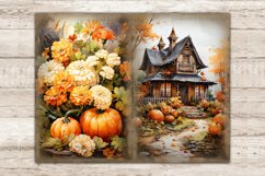 Cozy Autumn Pumpkin Junk Journal. Orange autumn flowers and pumpkins. Country house with pumpkins in front of it.