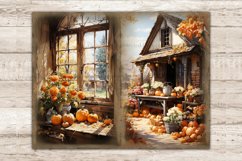 Cozy Autumn Pumpkin Junk Journal. Flowers in a vase and pumpkins on the table near the autumn window. Autumn house with a shop selling pumpkins