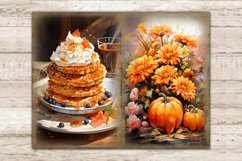 Cozy Autumn Pumpkin Junk Journal. A stack of pumpkin pies with cream on top and currant berries, a glass of cocoa. Autumn flowers and pumpkins.