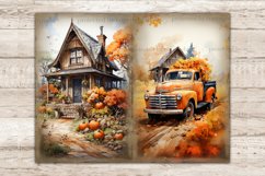 Cozy Autumn Pumpkin Junk Journal. Farmhouse with pumpkins in the front yard. Orange retro pickup truck on a country road with flowers in the trunk