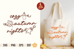 Cozy Autumn Nights SVG design with candle and star graphics, shown as a vector artwork and printed on a tote bag.
