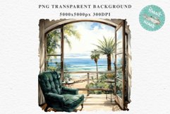 Cozy Beach Clipart Summer Porch PNG Sea Ocean Window House cute decor tropical cottage core graphics digital 