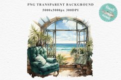 Cozy Beach Clipart Summer Porch PNG Sea Ocean Window House cute decor tropical cottage core graphics digital 