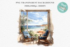Cozy Beach Clipart Summer Porch PNG Sea Ocean Window House cute decor tropical cottage core graphics digital 