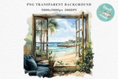 Cozy Beach Clipart Summer Porch PNG Sea Ocean Window House cute decor tropical cottage core graphics digital 