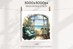Cozy Beach Clipart Summer Porch PNG Sea Ocean Window House cute decor tropical cottage core graphics digital 