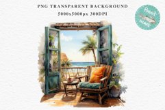 Cozy Beach Clipart Summer Porch PNG Sea Ocean Window House cute decor tropical cottage core graphics digital 