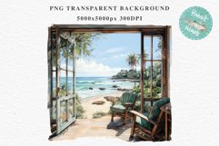Cozy Beach Clipart Summer Porch PNG Sea Ocean Window House cute decor tropical cottage core graphics digital 