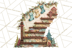 Cozy Cabin Christmas PNG, Cut-Paper Collage Holiday Clipart Product Image 5