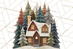 Cozy Cabin Christmas PNG, Cut-Paper Collage Holiday Clipart Product Image 5