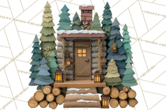 Cozy Cabin Christmas PNG, Cut-Paper Collage Holiday Clipart Product Image 5